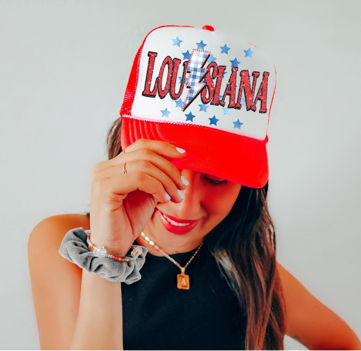 Louisiana (Faux Glitter with Foil Stars and Gingham Bolt) - DTF