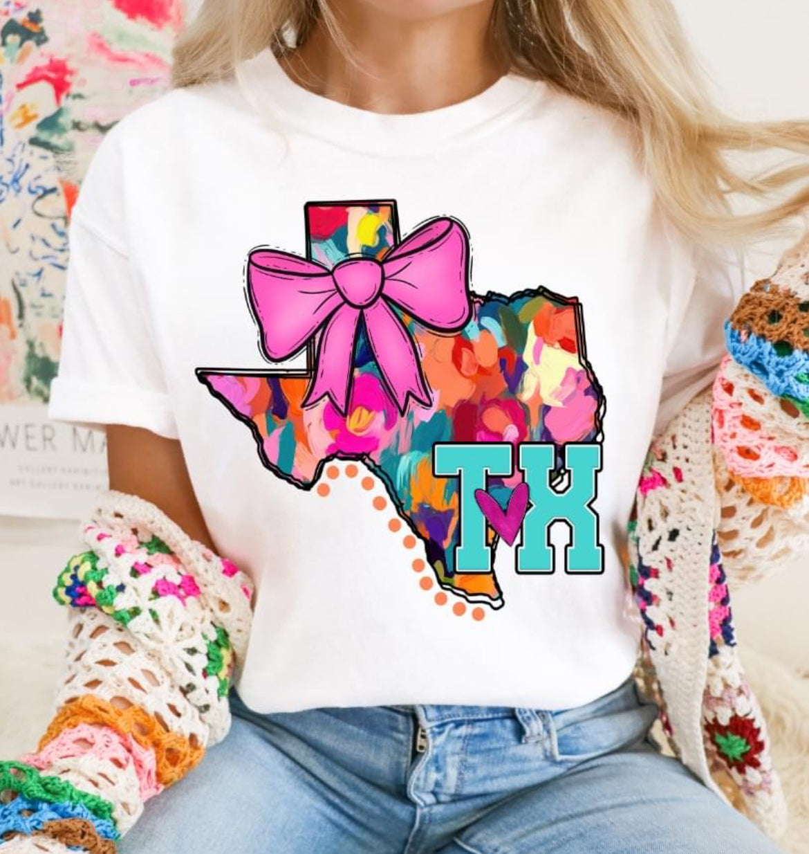 TX (Watercolor State Abbrev. w/Pink Bow - coquette) - DTF