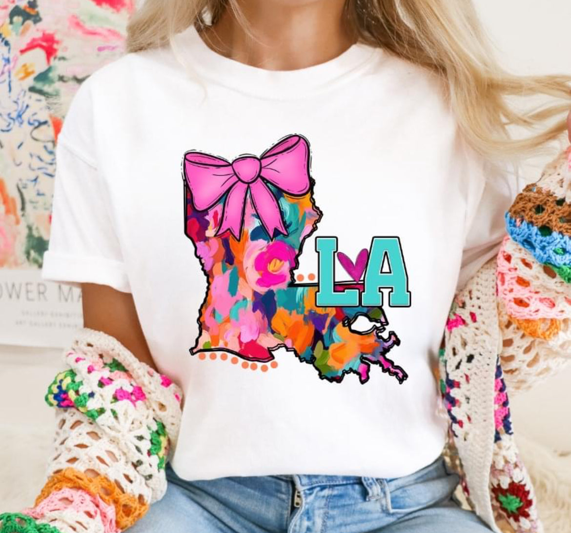 LA (Watercolor State Abbrev. w/Pink Bow - coquette) - DTF