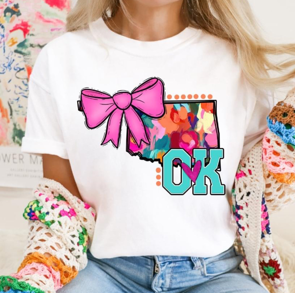 OK (Watercolor State Abbrev. w/Pink Bow - coquette) - DTF