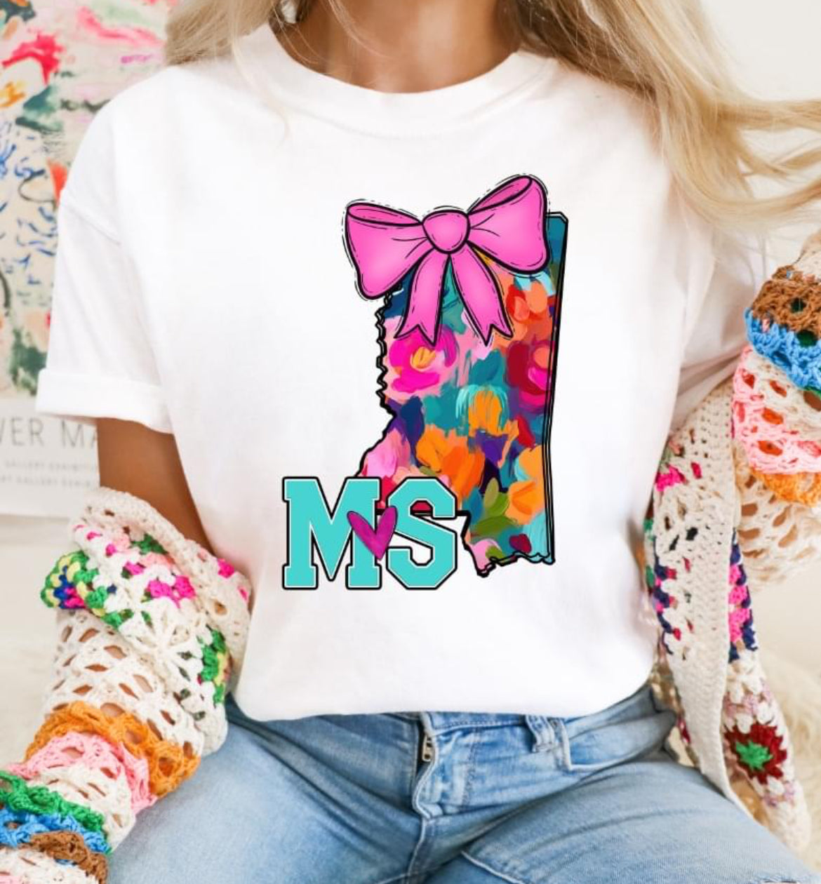 MS (Watercolor State Abbrev. w/Pink Bow - coquette) - DTF