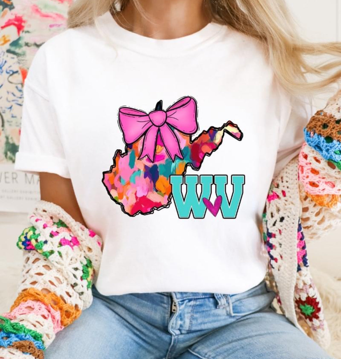 WV (Watercolor State Abbrev. w/Pink Bow - coquette) - DTF