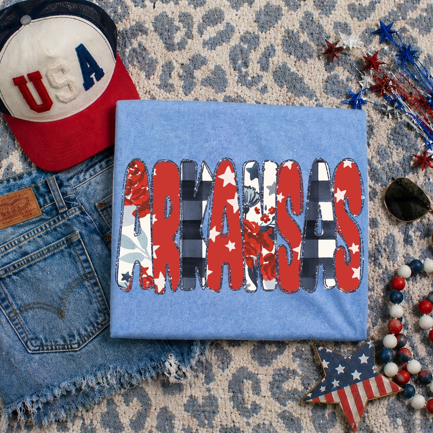 Arkansas (Glitter Floral Gingham and Stars Patriotic State) - DTF