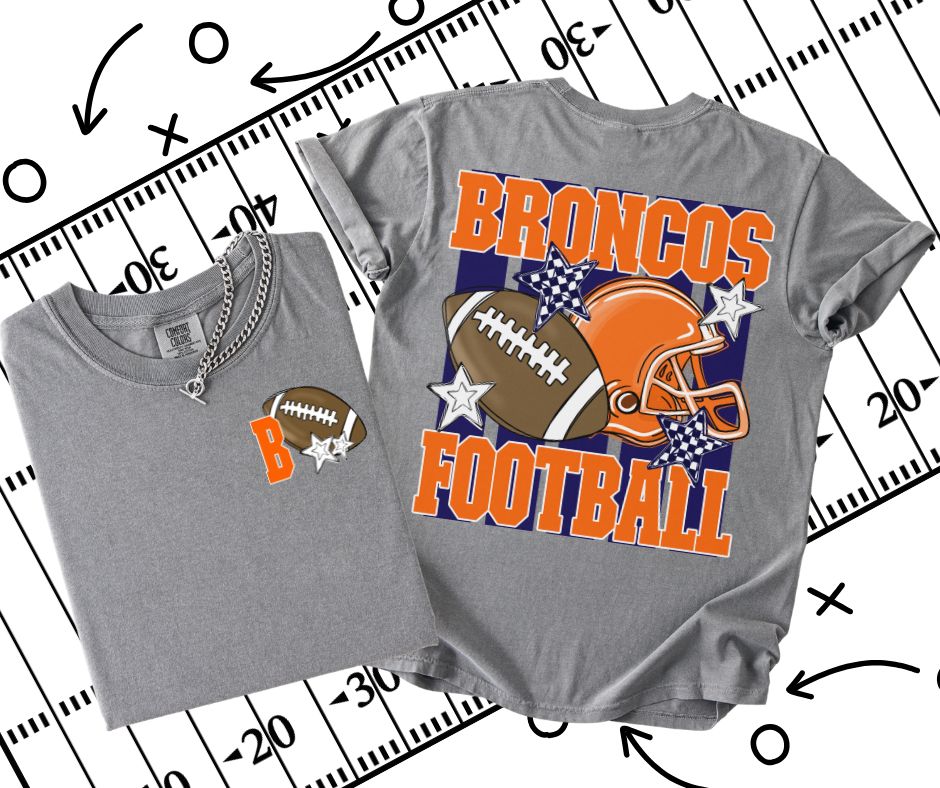 Broncos - B - Orange/Navy (Football Stripes Mascot 2-in-1 front/back design) - DTF