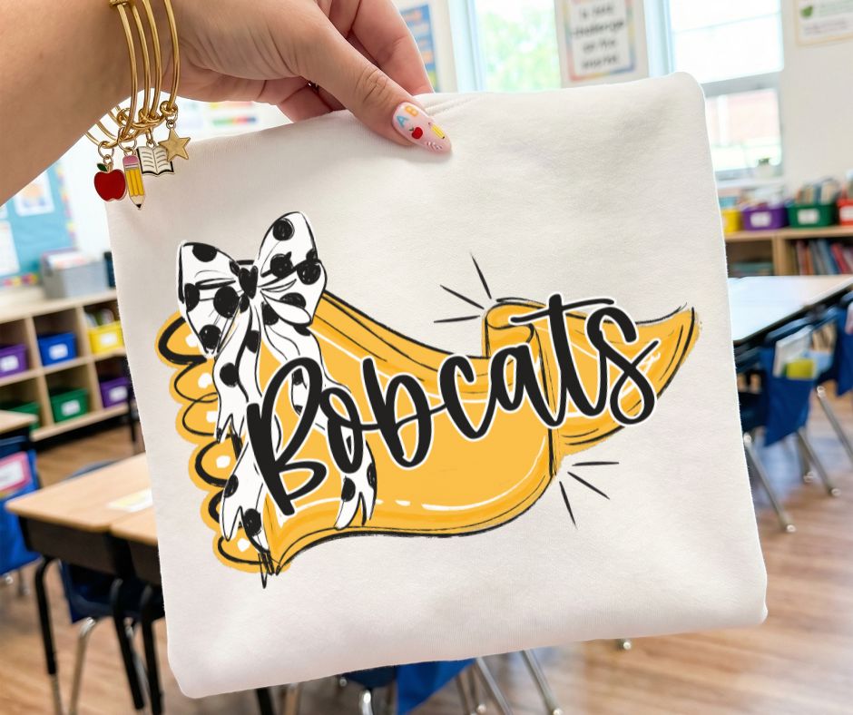 Bobcats - Yellow Gold/Black (Scalloped Pennant Bow Accent Mascot) - DTF