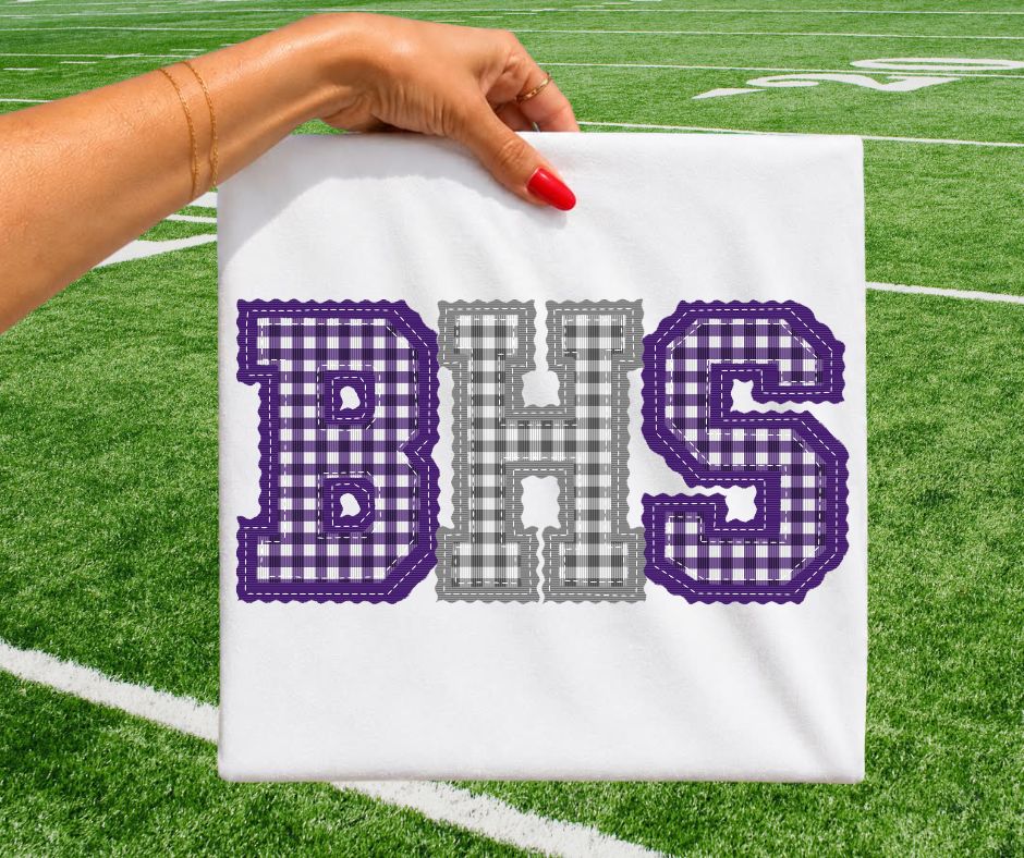 BHS - Purple/Grey gingham (Letterman Stitch School Letters) - DTF