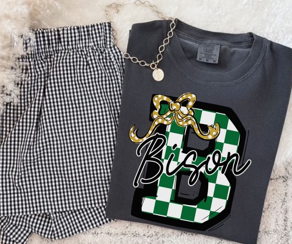 Bison - Kelly Green/Vegas Gold (Checkered Coquette Mascot) - DTF