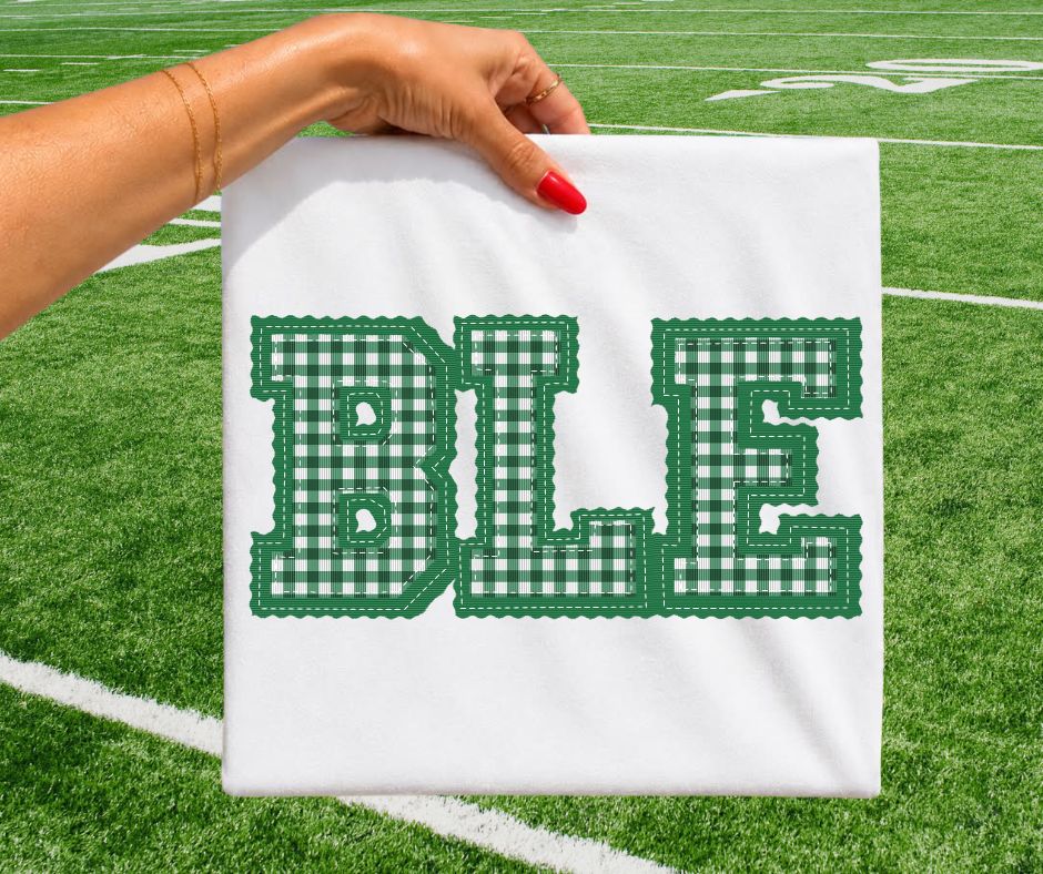 BLE - Kelly Green Gingham (Letterman Stitch School Letters) - DTF