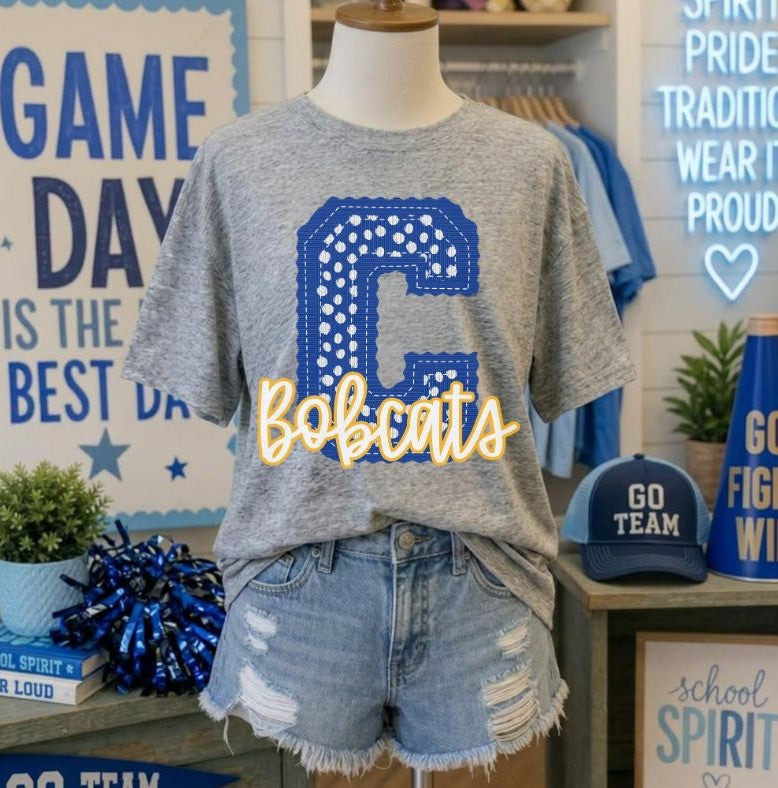 Bobcats - Royal Blue/Yellow Gold Letter C dots (Letterman Stitch Mascot) - DTF