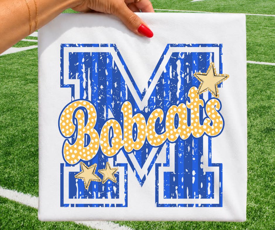 Bobcats - Royal Blue/Yellow Gold (Varsity Stripes & Dots Mascot) - DTF