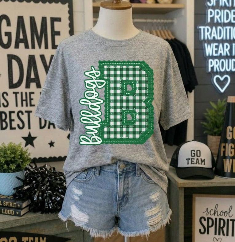 Bulldogs - Kelly Green Letter B gingham (Letterman Stitch Mascot) - DTF