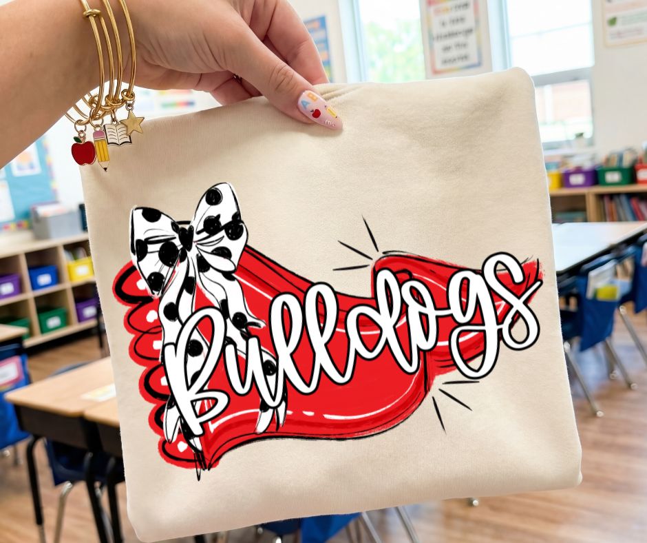 Bulldogs - Red/Black (Scalloped Pennant Bow Accent Mascot) - DTF