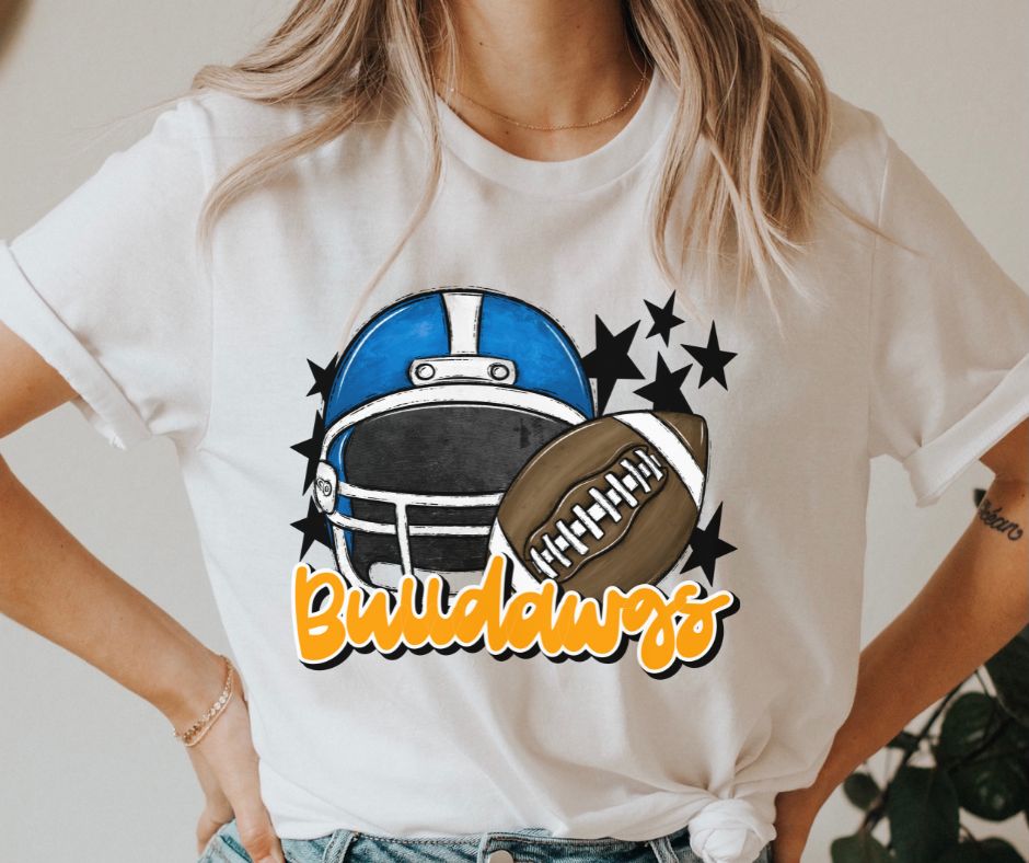 Bulldawgs Mascot (stars - blue/yellow gold helmet) - DTF