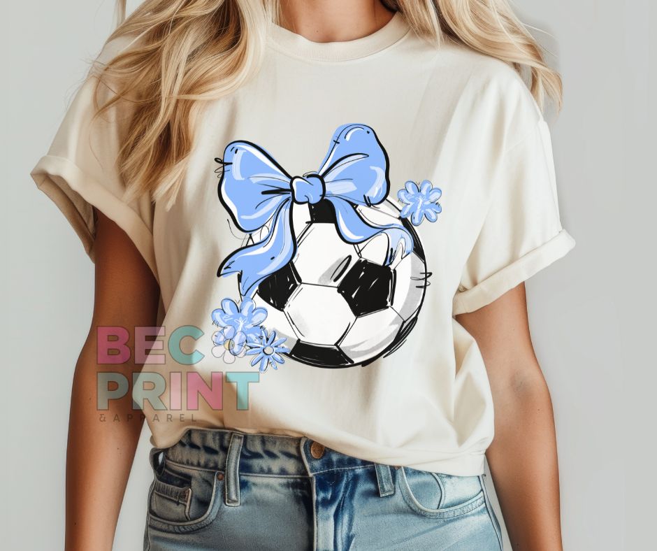 Play Ball Floral Bow - Columbia Blue (Soccer) - DTF