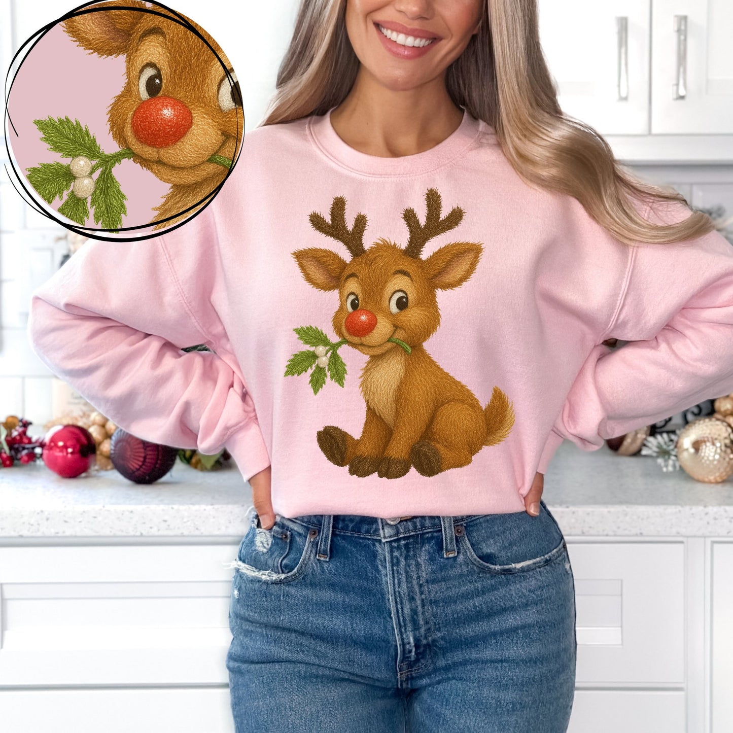 Cute Reindeer with Mistletoe (Faux Tinsel) - DTF