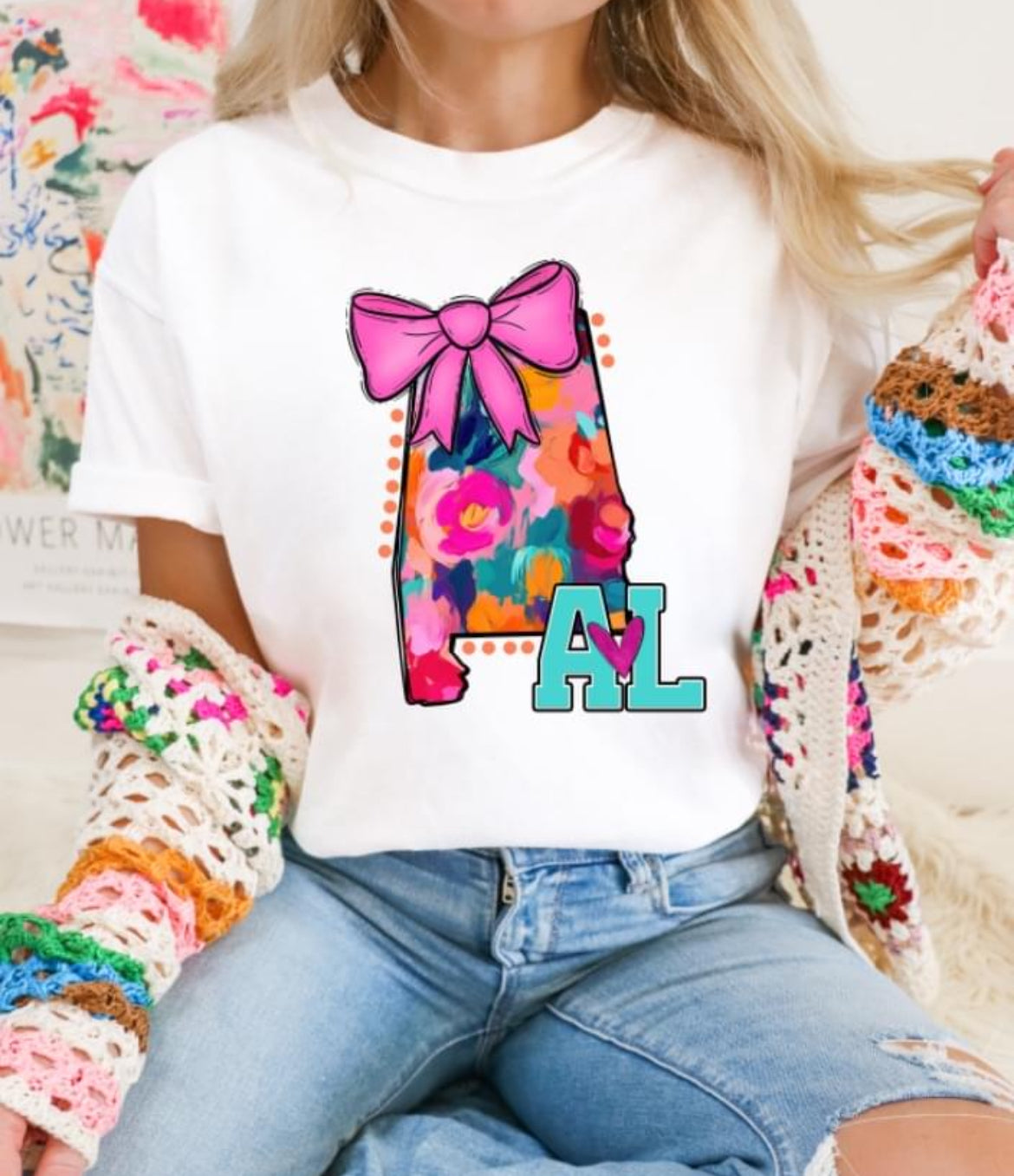 AL (Watercolor State Abbrev. w/Pink Bow - coquette) - DTF