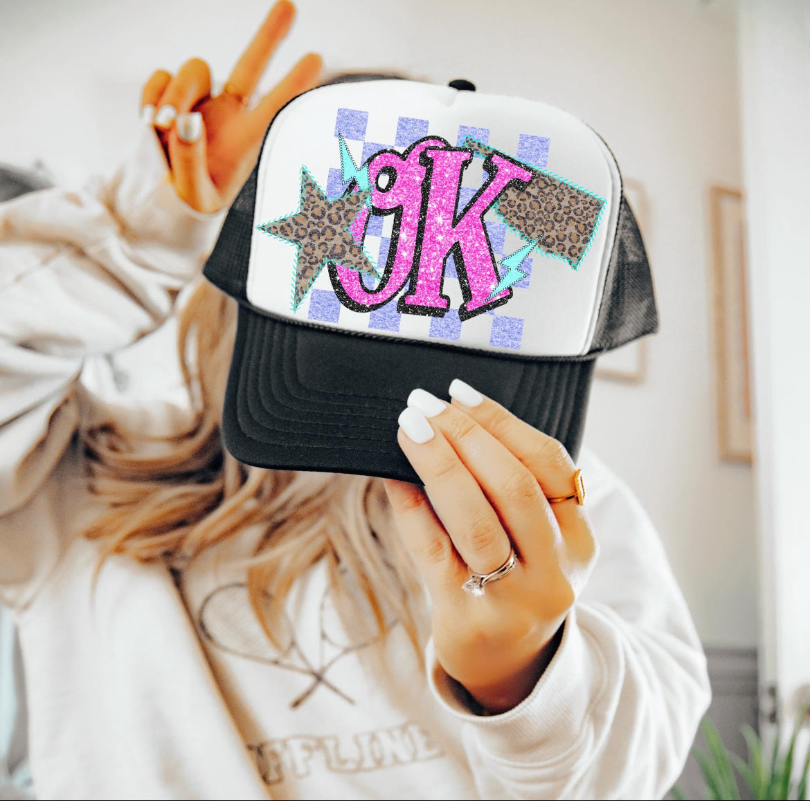 Ok (Retro Leopard Checkered Glitter Stitched State Abbreviation) - DTF