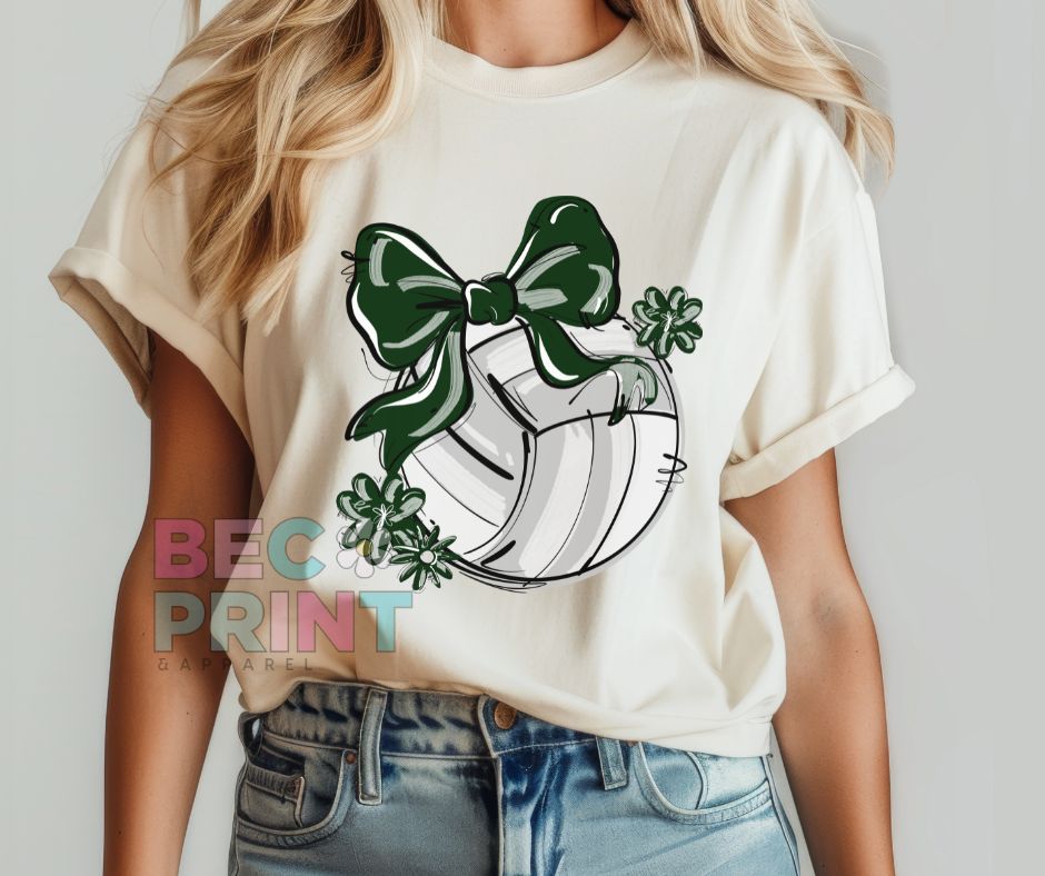 Play Ball Floral Bow - Dark Green (Volleyball) - DTF