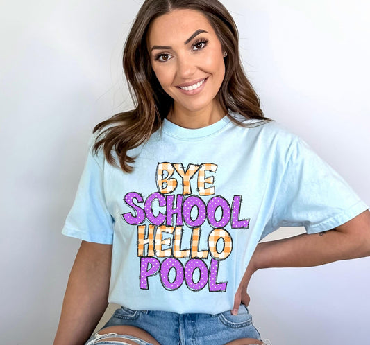Bye School Hello Pool (Doodle Gingham Dots & Glitter) - DTF