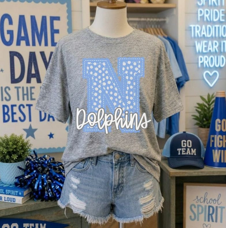 Dolphins - Columbia Blue/Gray Letter N dots (Letterman Stitch Mascot) - DTF
