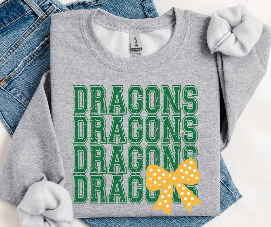 Dragons - Kelly Green/Yellow Gold (Distressed Stacked Mascot Bow) - DTF