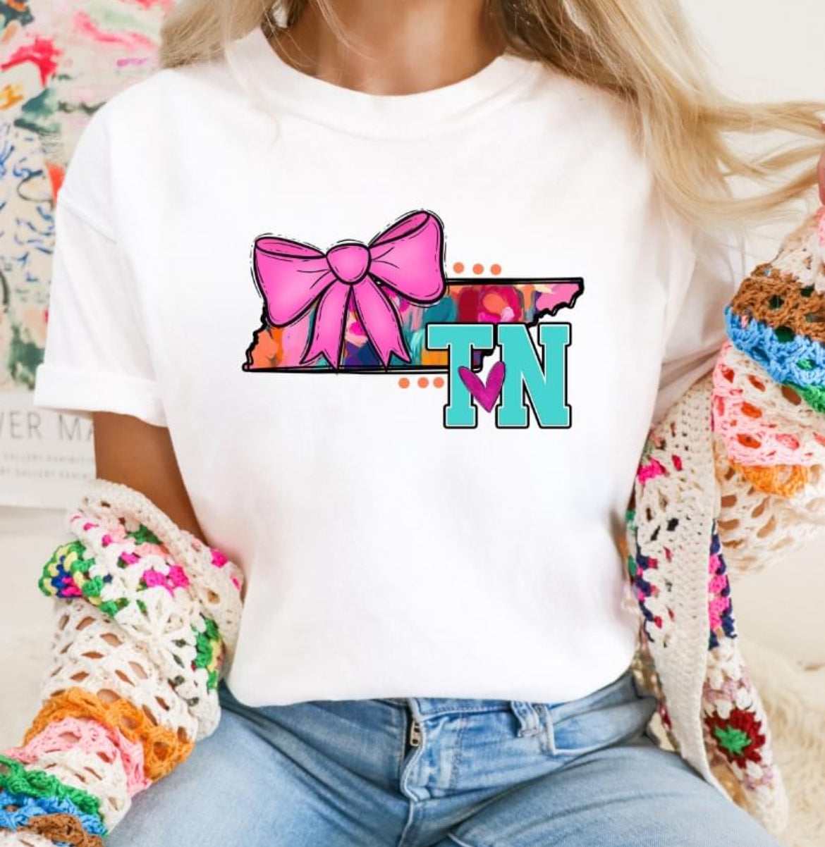 TN (Watercolor State Abbrev. w/Pink Bow - coquette) - DTF