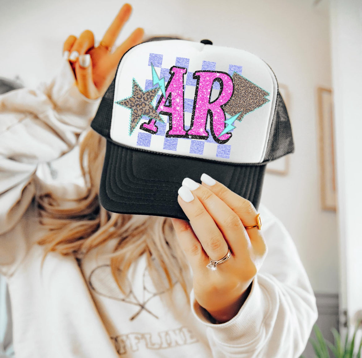 AR (Retro Leopard Checkered Glitter Stitched State Abbreviation) - DTF