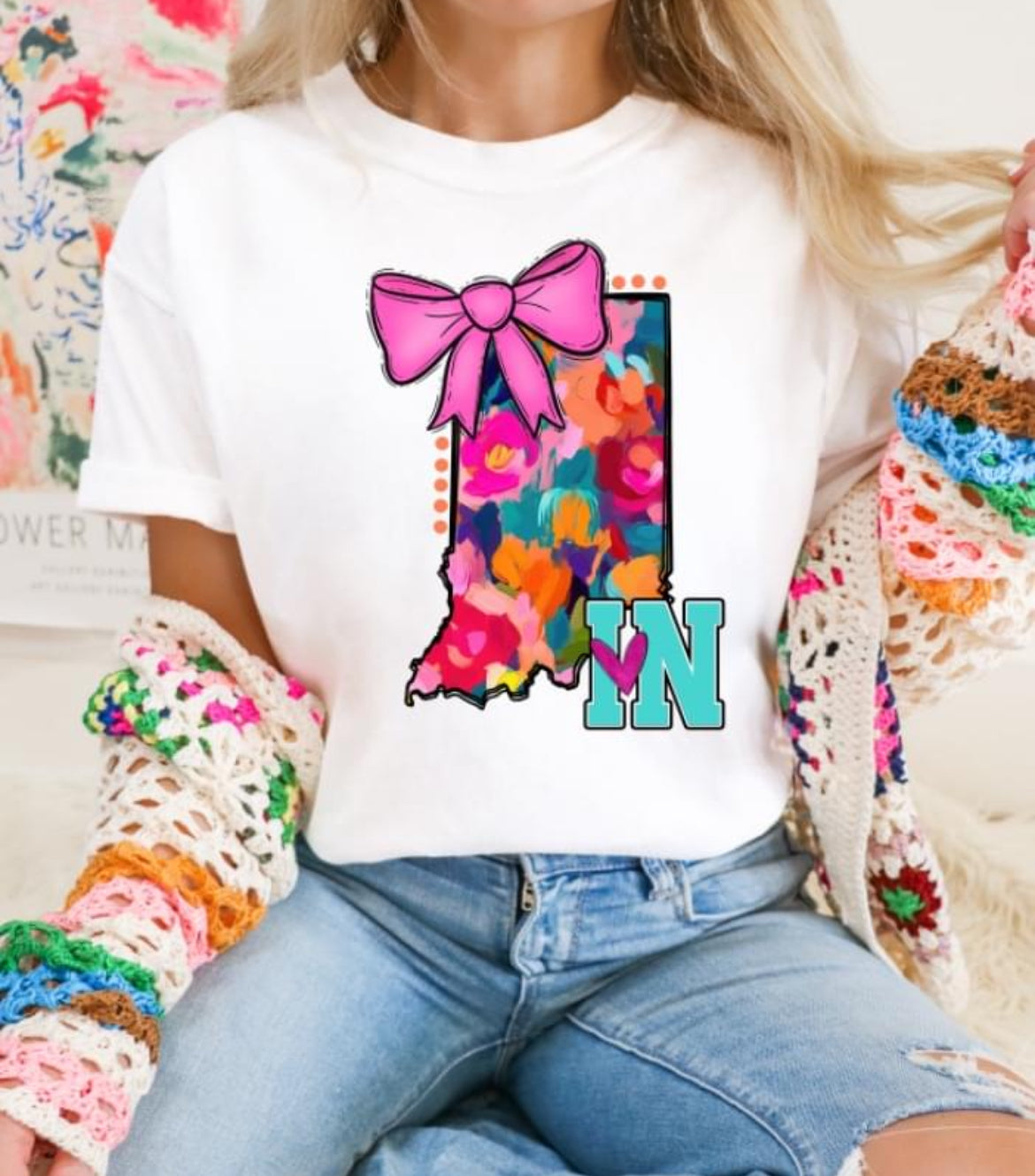 IN (Watercolor State Abbrev. w/Pink Bow - coquette) - DTF