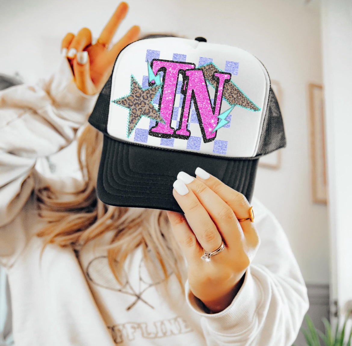 TN (Retro Leopard Checkered Glitter Stitched State Abbreviation) - DTF