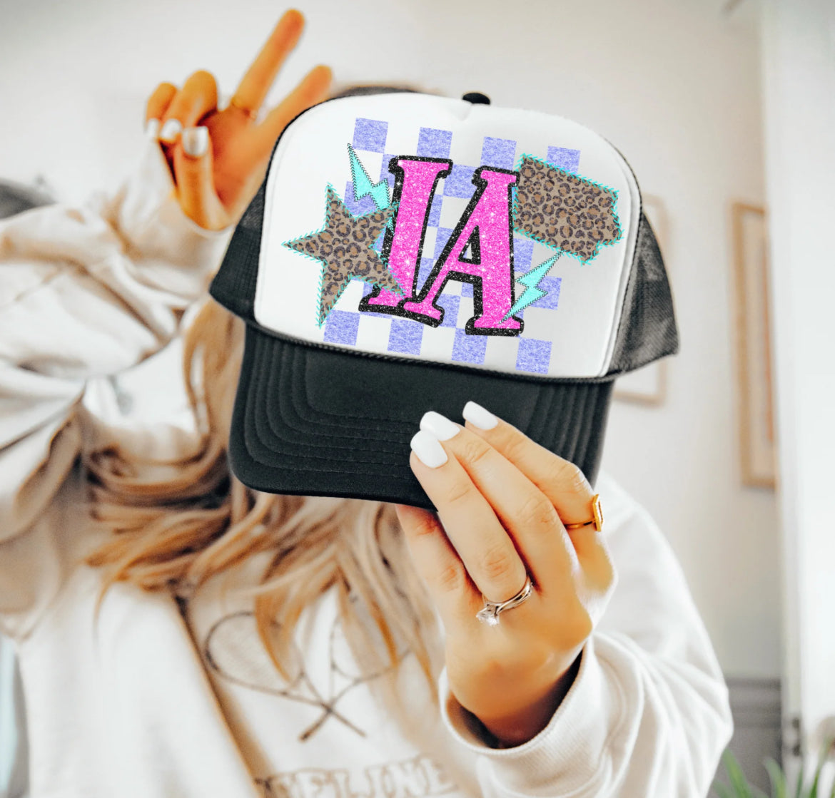IA (Retro Leopard Checkered Glitter Stitched State Abbreviation) - DTF