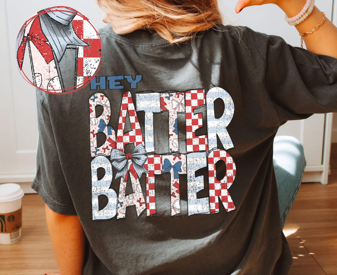 Hey Batter Batter (Distressed Baseball and Bows) - DTF