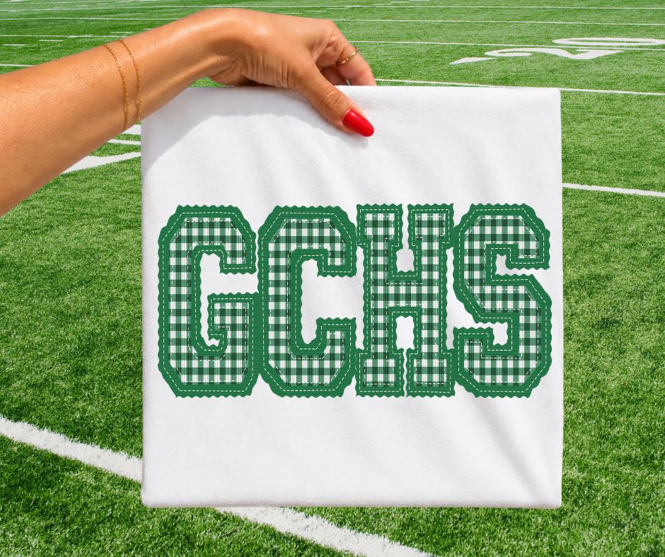 GCHS - Kelly Green Gingham (Letterman Stitch School Letters) - DTF