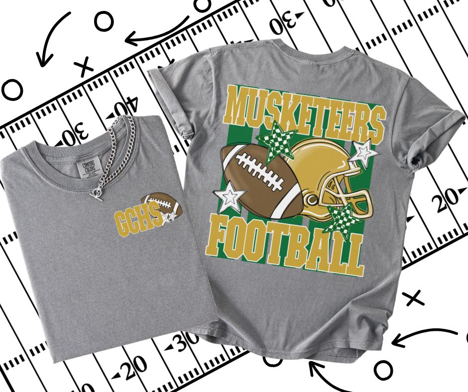 Musketeers - GCHS - Kelly Green/Vegas Gold (Football Stripes Mascot 2-in-1 front/back design) - DTF