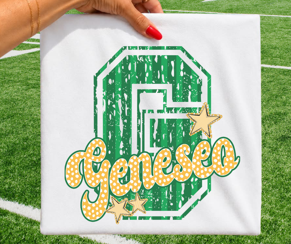 Geneseo - Kelly Green/Yellow Gold (Varsity Stripes & Dots Mascot) - DTF