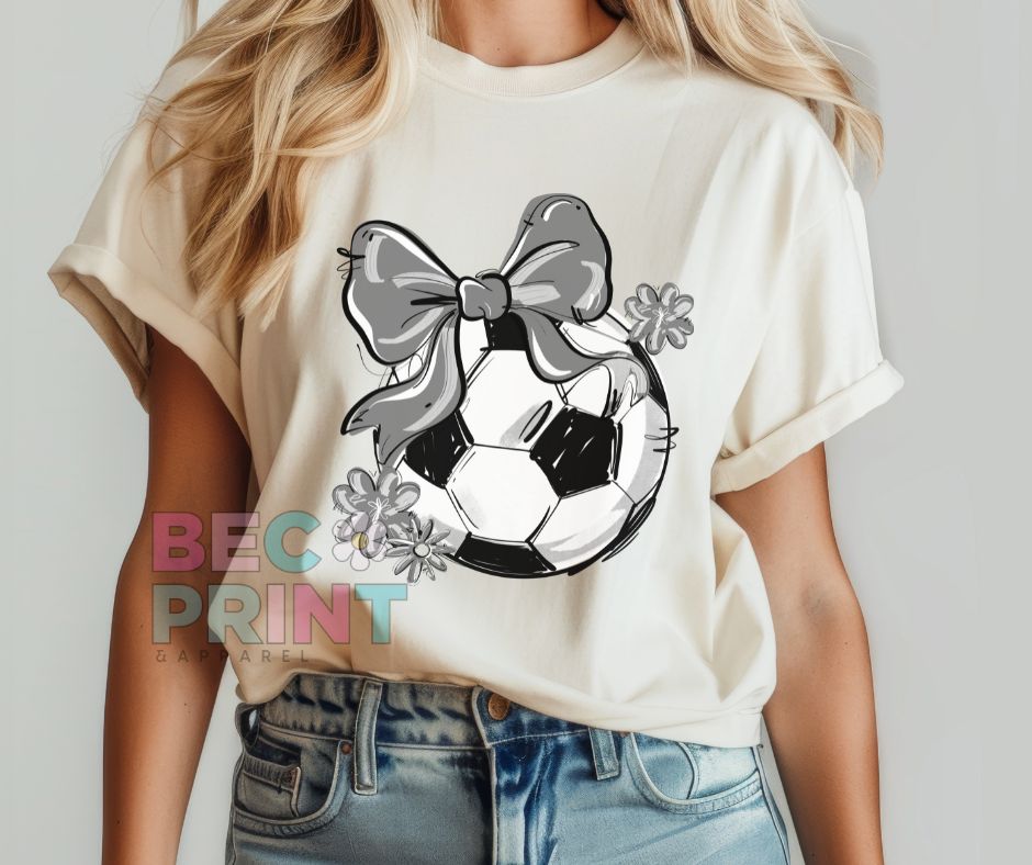 Play Ball Floral Bow - Gray (Soccer) - DTF
