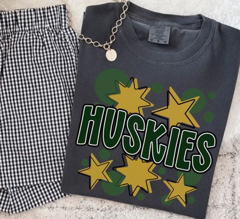 Huskies - Dark Green/Vegas Gold (Bubbles & Stars Mascot) - DTF