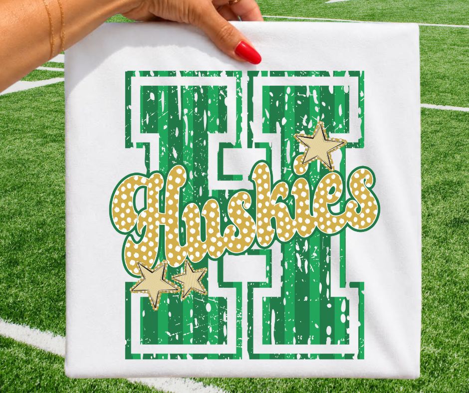 Huskies - Kelly Green/Vegas Gold (Varsity Stripes & Dots Mascot) - DTF