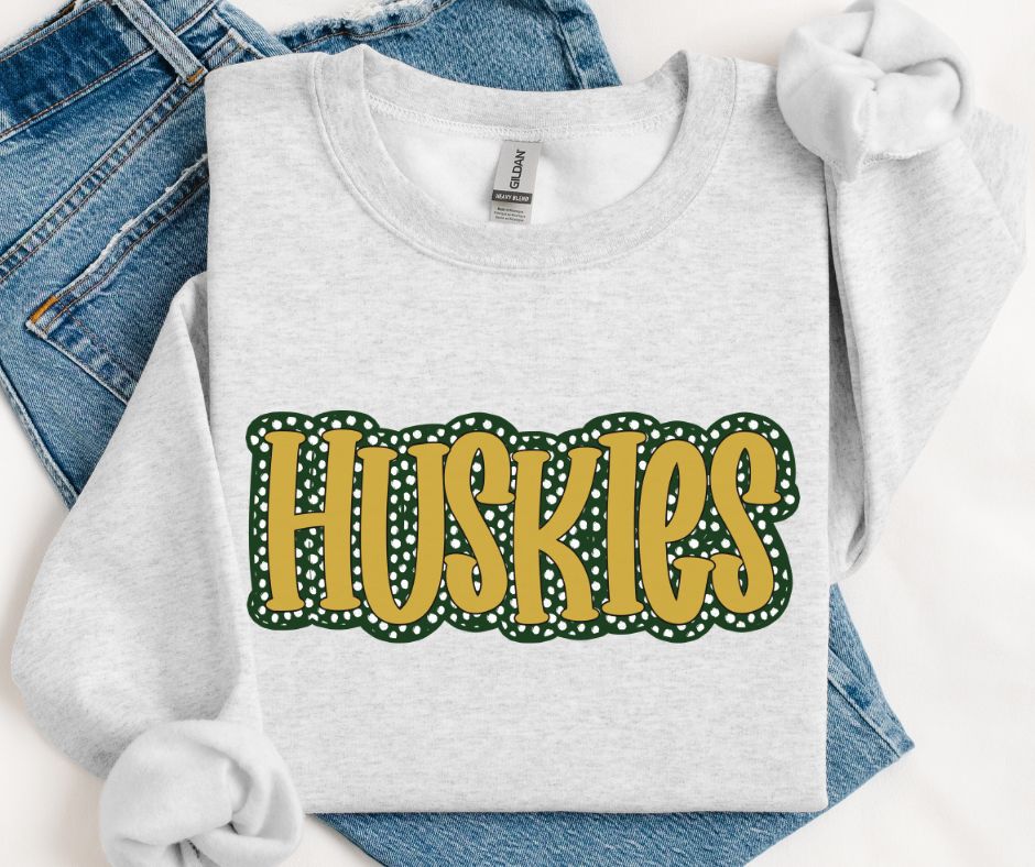 Huskies - Vegas Gold/Dark Green (Polka Dot Stack Mascots) - DTF