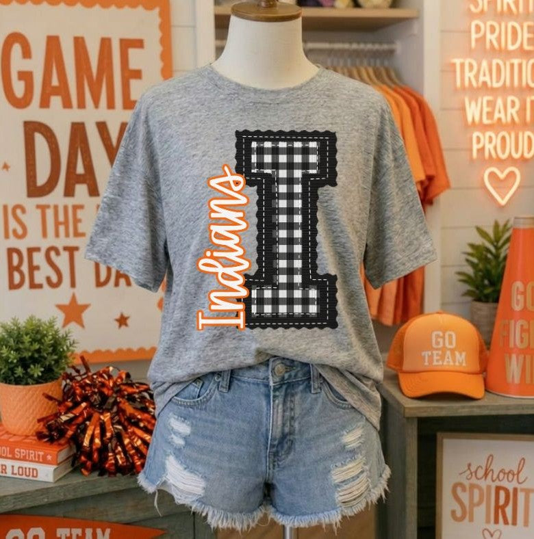 Indians - Orange/Black Letter I gingham (Letterman Stitch Mascot) - DTF