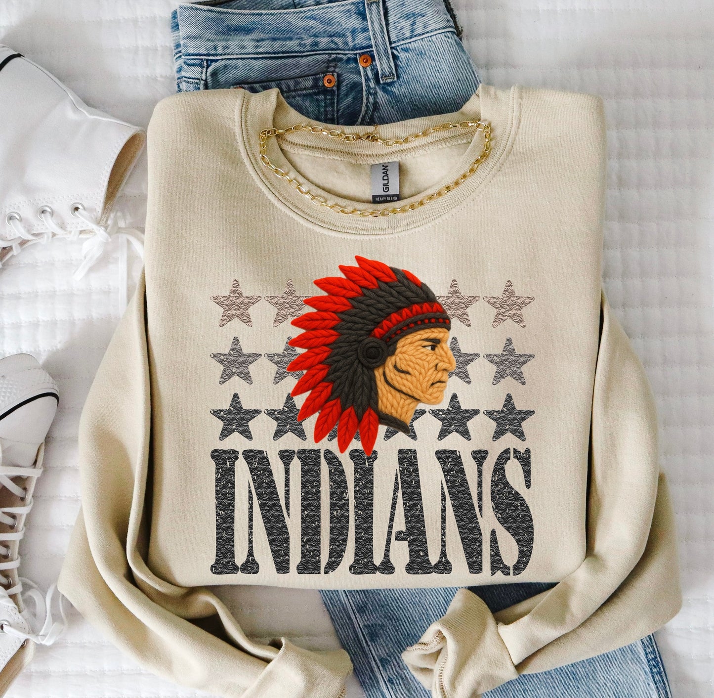 Indians- Red (Faux Yarn and Stars Mascot) - DTF