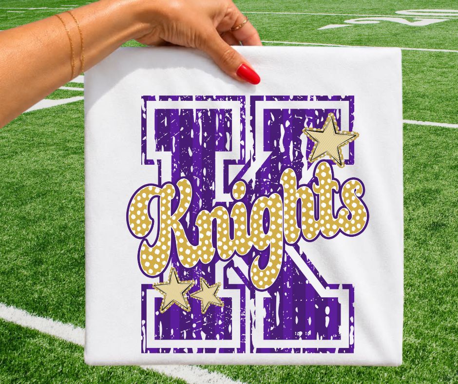 Knights - Purple/Vegas Gold (Varsity Stripes & Dots Mascot) - DTF
