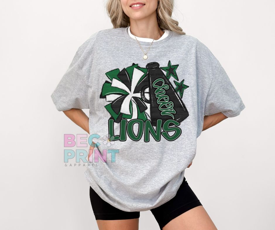Lions - Dark Green (Megaphone and Poms Cheer Mascot) - DTF