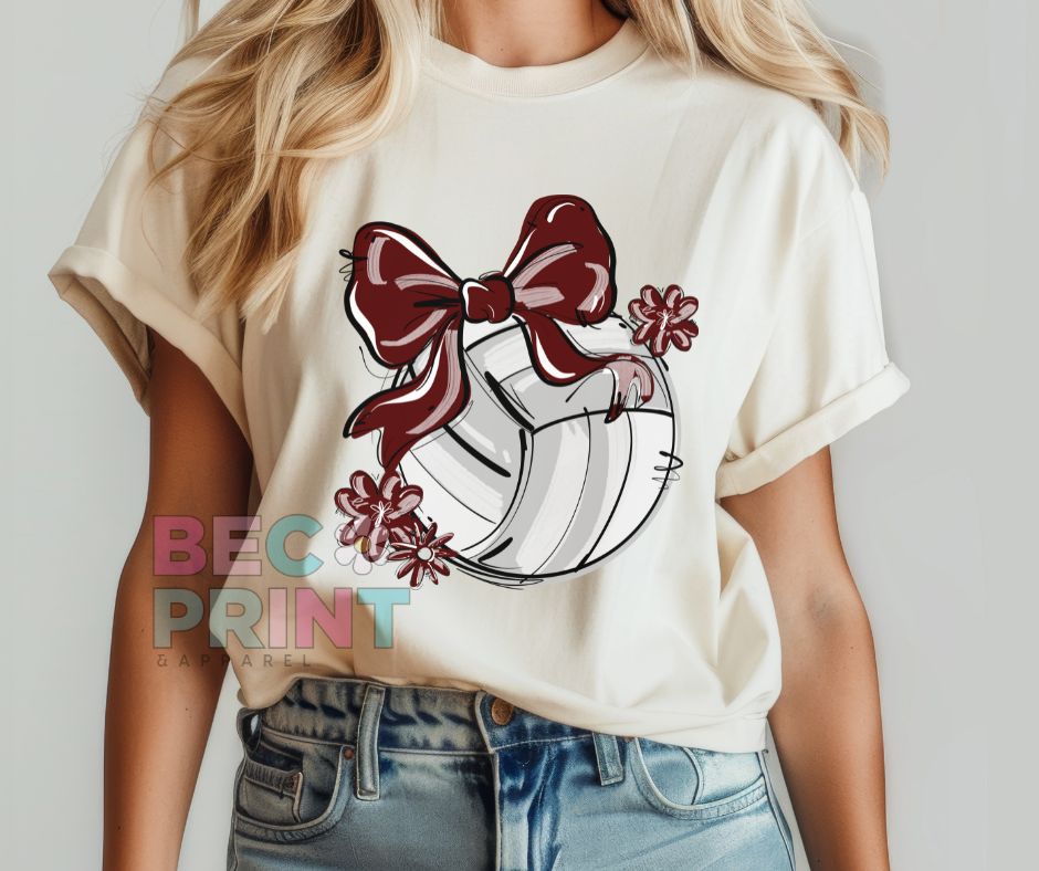 Play Ball Floral Bow - Maroon (Volleyball) - DTF