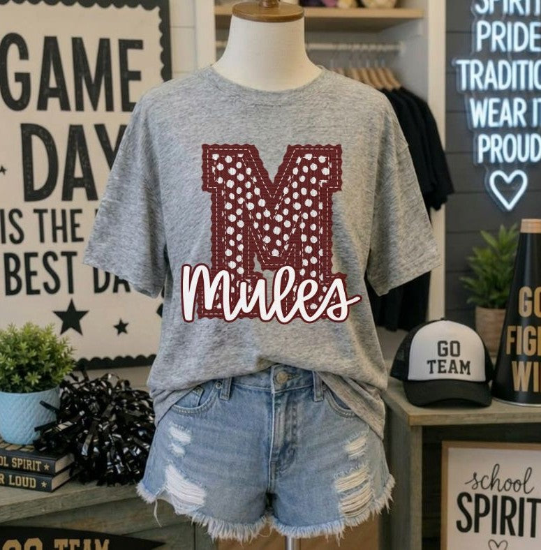 Mules - Maroon Letter M dots (Letterman Stitch Mascot) - DTF
