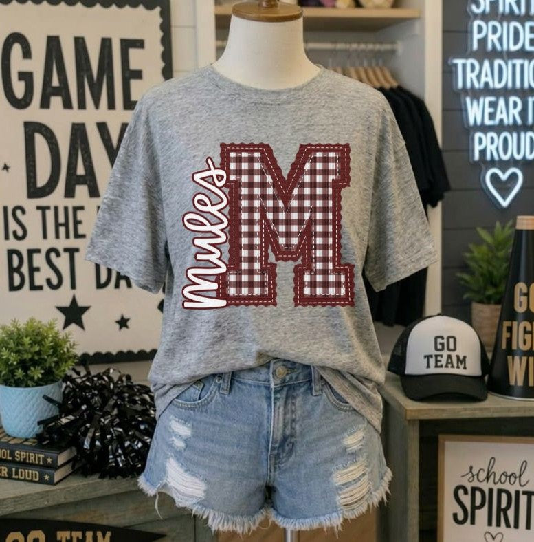 Mules - Maroon Letter M gingham (Letterman Stitch Mascot) - DTF