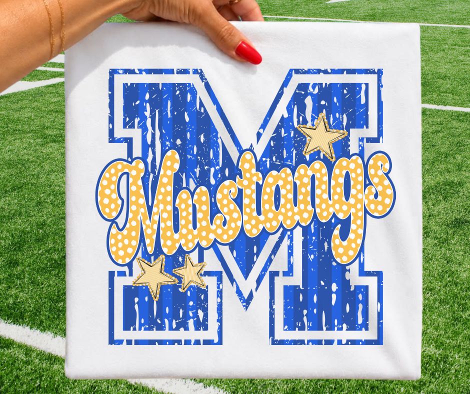 Mustangs - Royal Blue/Yellow Gold (Varsity Stripes & Dots Mascot) - DTF