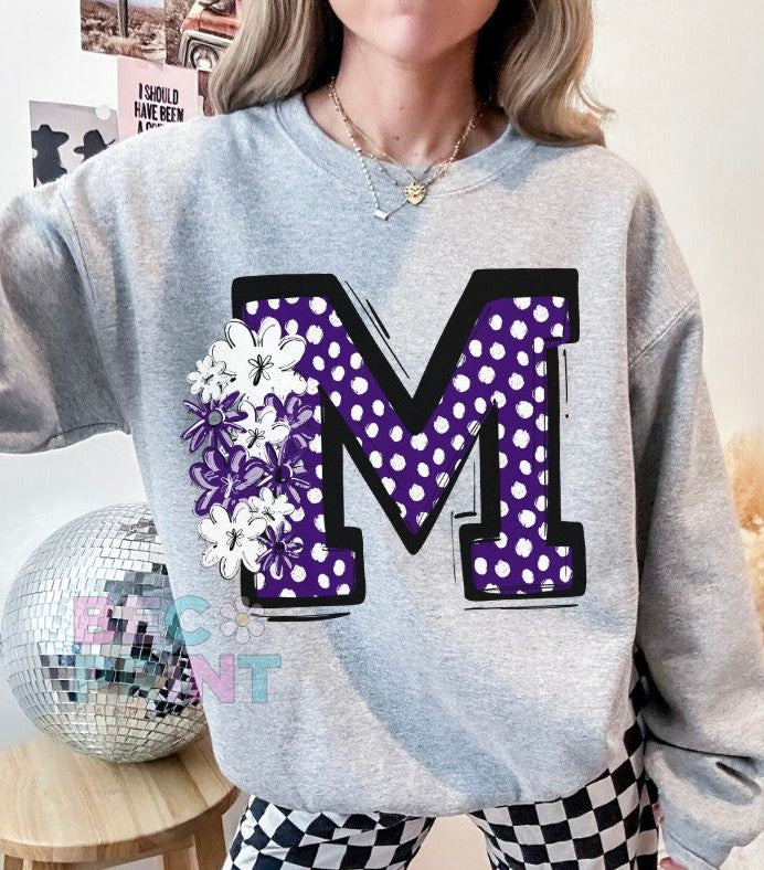 M - purple w/flowers (Dotty Mascot Initial) - DTF