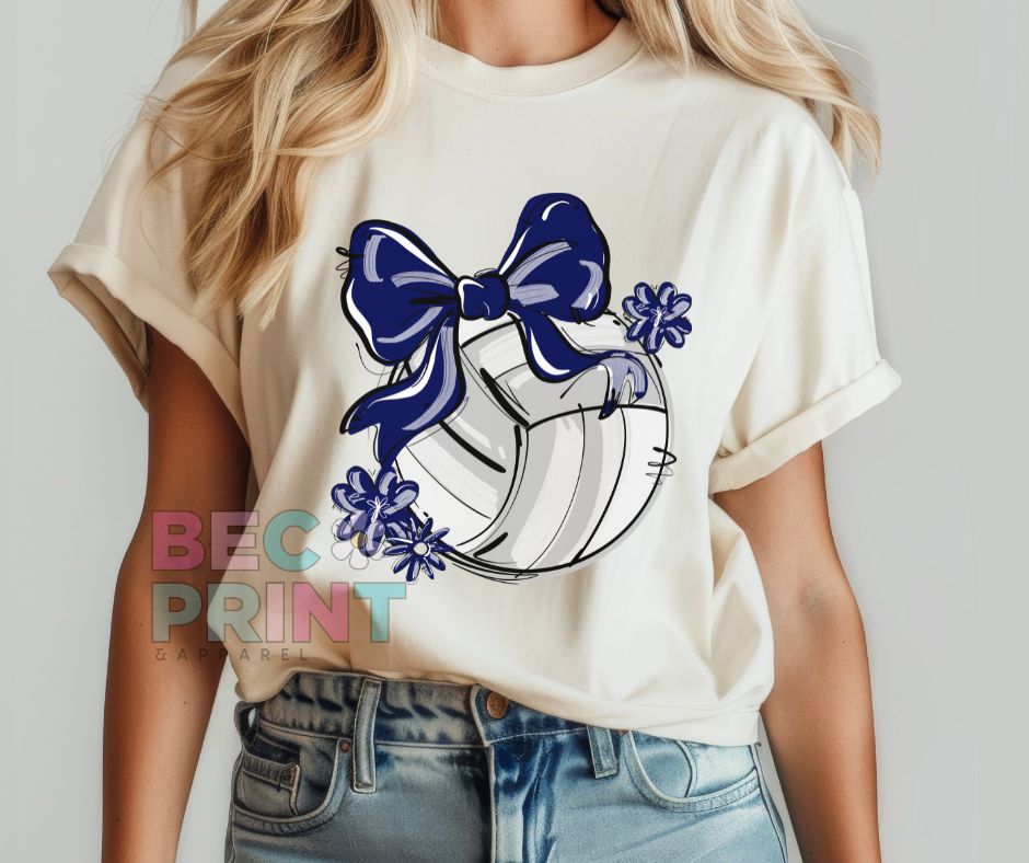 Play Ball Floral Bow - Navy (Volleyball) - DTF