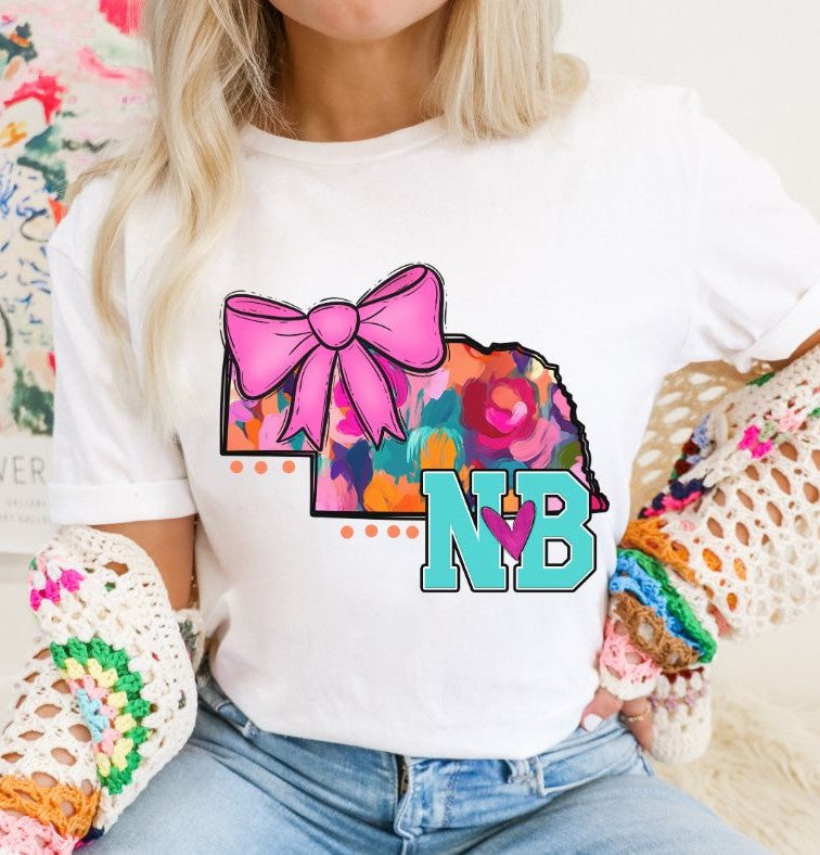 NE (Watercolor State Abbrev. w/Pink Bow - coquette) - DTF