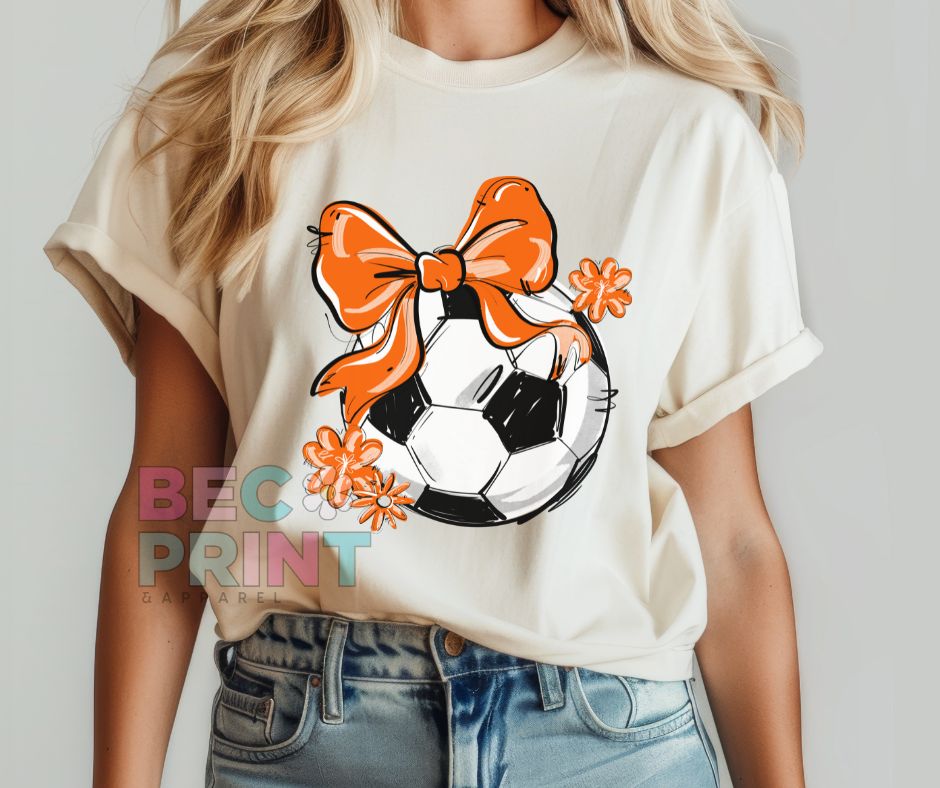 Play Ball Floral Bow - Orange (Soccer) - DTF